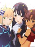  3girls :d ;) animal_ears bangs bitter_glasse_(umamusume) black_hair black_hoodie black_jacket blonde_hair blue_hair bow breasts brown_eyes brown_hair closed_mouth collared_shirt commentary_request confetti crop_top cropped_jacket dark-skinned_female dark_skin dated drawstring eyebrows_visible_through_hair frills green_eyes hair_between_eyes hair_bow hirota_fruit hood hood_down hooded_jacket hoodie horse_ears jacket kashimoto_riko little_cocon_(umamusume) long_sleeves multicolored_hair multiple_girls one_eye_closed open_clothes open_jacket open_mouth puffy_long_sleeves puffy_sleeves red_eyes red_jacket shirt signature simple_background sleeves_past_wrists small_breasts smile streaked_hair striped striped_bow twitter_username umamusume upper_body white_background white_shirt 