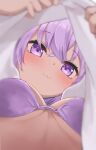  1girl :3 absurdres ayama_nano blurry blush bra breasts depth_of_field eyebrows_visible_through_hair from_below highres hololive medium_breasts nekomata_okayu purple_bra purple_eyes purple_hair short_hair solo underwear upshirt virtual_youtuber 