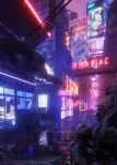  absurdres bridge building city cyberpunk highres huge_filesize neon_lights night no_humans original pipe puddle rain reflection road scenery sign sky skyscraper street trash_bag vending_machine window yamaderakei 