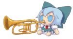  1girl barefoot blowing blue_dress blue_eyes blue_hair bow chibi cirno commentary dress english_commentary fumo_(doll) hair_bow instrument music neck_ribbon playing_instrument puffy_cheeks puffy_short_sleeves puffy_sleeves red_ribbon ribbon short_hair short_sleeves simple_background sitting skullchimes solo touhou trumpet v-shaped_eyebrows white_background wing_collar 