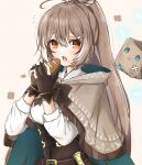  1girl ahoge belt blush bread breasts brown_belt brown_cloak brown_corset brown_eyes brown_gloves brown_hair cloak dagger english_commentary food friend_(nanashi_mumei) gloves hair_ornament hairclip hieroglyphics highres holding holding_food hololive hololive_english knife long_hair medium_breasts multicolored_hair nanashi_mumei partially_fingerless_gloves ponytail puffy_sleeves runes sheath sheathed shirt simple_background streaked_hair very_long_hair virtual_youtuber weapon white_shirt yellow_background yukiwanabiku 