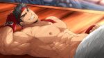  1boy abs armpits bara biceps black_hair boxing_gloves fingerless_gloves forked_eyebrows gloves headband highres kuroshinki large_pectorals lying male_focus mature_male muscular muscular_male navel nipples on_back pectorals presenting_armpit red_gloves reward_available ryu_(street_fighter) shirtless short_hair solo stomach street_fighter thick_eyebrows veins watermark 