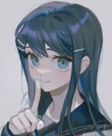  1girl bangs black_sailor_collar blue_eyes blue_hair commentary_request danganronpa:_trigger_happy_havoc danganronpa_(series) dated finger_to_mouth grey_background hair_ornament hairclip hand_up index_finger_raised long_hair long_sleeves looking_at_viewer maizono_sayaka miying_(ho_ru03_15) sailor_collar school_uniform shiny shiny_hair signature simple_background smile solo 