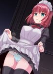 1girl apron aqua_eyes bangs black_dress black_legwear blush bow bow_panties breasts cameltoe clothes_lift commentary_request covered_nipples cowboy_shot dan_(orange_train) dress dress_lift dutch_angle frilled_apron frills green_panties groin highres hisui_(tsukihime) indoors juliet_sleeves lifted_by_self long_sleeves looking_ahead lowleg lowleg_panties maid maid_apron maid_headdress medium_breasts medium_hair neck_ribbon open_mouth panties pink_hair puffy_sleeves pussy_juice red_neckwear red_ribbon ribbon sidelocks solo standing tearing_up tears thighhighs tsukihime underwear white_apron wing_collar 
