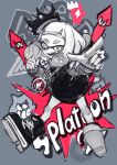  +_+ 1girl black_legwear crown fang full_body grey_background greyscale h@ruichi jewelry looking_at_viewer magenta_color monochrome necklace open_mouth pearl_(splatoon) pointing shoes short_hair smile solo splatoon_(series) splatoon_2 squid thumbs_up 