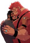  2boys arm_hair bara beard black-framed_eyewear black_hair black_shirt blush couple earrings facial_hair from_side glasses highres hug husband_and_husband jewelry kokukokuboo large_pectorals male_cleavage male_focus mature_male multiple_boys muscular muscular_male original partially_unbuttoned pectorals red_hair red_shirt ring scar scar_across_eye scar_on_arm scar_on_neck shirt short_hair size_difference sleeves_rolled_up smile suspenders upper_body wedding_ring white_background yaoi 