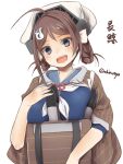  1girl ahoge akino_shuu blue_eyes blue_sailor_collar blue_serafuku brown_hair brown_shawl character_name chougei_(kancolle) headgear kantai_collection neckerchief open_mouth sailor_collar school_uniform serafuku shawl short_hair short_sleeves simple_background smile solo torpedo twitter_username white_background white_neckwear 