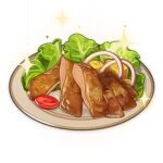 artist_request chicken_(food) commentary english_commentary food food_focus genshin_impact lettuce lowres no_humans official_art onion plate potato sparkle still_life third-party_source tomato tomato_slice transparent_background 