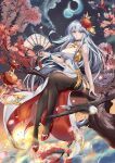  1girl absurdres asymmetrical_clothes azur_lane bald_eagle bird black_legwear breasts china_dress chinese_clothes dress eagle earrings enterprise_(azur_lane) enterprise_(blooming_peony)_(azur_lane) flower folding_fan full_moon gold_trim hair_flower hair_ornament hand_fan highres holding holding_fan jewelry lantern large_breasts long_hair moon official_alternate_costume outdoors pantyhose paper_lantern petals pink_flower purple_eyes red_flower red_footwear sabou_san-shitsu_kokoro shoes side_slit silver_hair sitting sitting_on_branch sleeveless sleeveless_dress solo thighband_pantyhose very_long_hair 