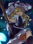  13-gou 1girl apron black_dress black_legwear blonde_hair bow braid broom buttons dress frilled_dress frills hair_bow hat hat_bow kirisame_marisa night outdoors puffy_sleeves short_hair short_sleeves side_braid socks touhou waist_apron white_bow witch_hat yellow_eyes 