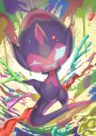  commentary_request gen_7_pokemon highres looking_at_viewer no_humans one_eye_closed paint paint_splatter poipole pokemon pokemon_(creature) purobe shiny shiny_skin solo spikes tongue tongue_out ultra_beast 