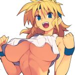  1girl :d blonde_hair blue_headwear breasts clenched_teeth commentary_request copyright_request hair_between_eyes headband large_breasts long_hair looking_at_viewer lune_zoldark metata open_mouth short_hair smile solo super_robot_wars teeth underboob upper_body upper_teeth 