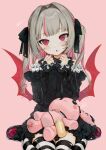  1girl :3 :o bangs bare_shoulders black_dress black_ribbon blush blush_stickers commentary_request dress eyebrows_visible_through_hair frills gotou_(nekocat) hair_intakes hair_ribbon hands_up heart highres lolita_fashion long_hair long_sleeves looking_at_viewer makaino_ririmu multicolored_hair nijisanji open_mouth pink_background pointy_ears red_eyes ribbon sitting smile solo striped striped_legwear stuffed_animal stuffed_bunny stuffed_toy thighhighs translation_request virtual_youtuber 