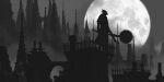  1other ambiguous_gender artist_name bloodborne capelet circular_saw city coat copyright_name from_side full_moon gloves grey_theme gun hat highres holding holding_gun holding_weapon hunter_(bloodborne) moon night outdoors scenery tricorne tripdancer weapon 