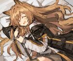  1girl :d animal_ears arknights axe bangs bed bed_sheet blush brown_shorts cat_ears ceobe_(arknights) closed_eyes exion_(neon) hair_between_eyes holding holding_axe long_hair long_sleeves lying on_side open_mouth shorts smile solo 