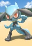  closed_mouth cloud commentary_request day gen_4_pokemon highres legs_apart looking_at_viewer outdoors pokemon pokemon_(creature) purobe red_eyes riolu sky smile solo standing toes 