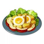  apple artist_request commentary egg english_commentary food food_focus fruit genshin_impact lettuce lowres no_humans official_art plate potato salad still_life third-party_source transparent_background 