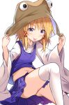  1girl :p blonde_hair brown_headwear commentary_request e.o. eyebrows_visible_through_hair hat highres long_sleeves looking_at_viewer midriff moriya_suwako navel purple_skirt sitting skirt solo thighhighs thighs tongue tongue_out touhou white_legwear yellow_eyes 