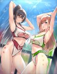  2girls arisugawa_natsuha armpits arms_behind_head arms_up bangs bare_shoulders black_hair blush breasts cleavage grey_eyes hair_between_eyes high_ponytail highres idolmaster idolmaster_shiny_colors kozuka_yasushi large_breasts long_hair looking_at_viewer multiple_girls navel orange_hair ponytail shirase_sakuya smile swept_bangs thighs yellow_eyes 