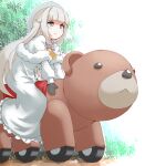  .live 1girl :&lt; absurdres bear blush_stickers dress gloves green_eyes hat highres lgori22 long_hair looking_to_the_side merry_milk plant riding serious silver_hair simple_background solo virtual_youtuber 