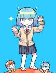  1girl 2boys :| alien andromedako andromedao antennae bangs blue_background blue_hair blue_skirt blunt_bangs blush bob_cut brown_cardigan brown_eyes brown_hair buttons cardigan claw_pose closed_mouth commentary curled_fingers dress_shirt hands_up jitome looking_at_another looking_at_viewer multiple_boys nayutalien nayutan_sei_kara_no_buttai neck_ribbon pleated_skirt red_neckwear ribbon school_uniform shirt shoes short_hair skirt smile solo_focus sparkle terada_tera uwabaki v-shaped_eyebrows white_footwear white_legwear white_shirt 