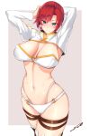  1girl armpits arms_behind_head arms_up bangs bikini blush boudica_(fate) breasts cleavage fate/grand_order fate_(series) fue_(rhomphair) green_eyes highleg highleg_bikini highres juliet_sleeves large_breasts long_sleeves looking_at_viewer navel o-ring puffy_sleeves red_hair short_hair short_ponytail shrug_(clothing) smile solo swimsuit thigh_strap thighs white_bikini 