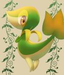  closed_mouth commentary_request gen_5_pokemon hand_up highres looking_at_viewer looking_back no_humans orange_eyes pokemon pokemon_(creature) purobe smile snivy solo 