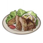  artist_request chicken_(food) commentary english_commentary food food_focus genshin_impact lettuce lowres muted_color no_humans official_art onion plate potato still_life third-party_source tomato tomato_slice transparent_background 