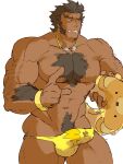  1boy :s abs alternate_costume arm_hair bara bare_pectorals bulge chest_hair dark-skinned_male dark_skin dragalia_lost erection erection_under_clothes feet_out_of_frame goggles goggles_around_neck hairy highres holding holding_innertube index_finger_raised innertube large_pectorals leg_hair long_sideburns male_focus male_pubic_hair male_swimwear mature_male muscular muscular_male navel navel_hair nipples nude old old_man pectorals piikeisandaa pubic_hair short_hair sideburns skindentation solo standing stomach swim_briefs thick_thighs thighs uncensored unfinished valyx_(dragalia_lost) yellow_male_swimwear 