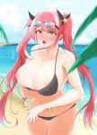  1girl absurdres areola_slip areolae azur_lane beach bikini black_bikini black_ribbon blue_sky blush breasts eyewear_on_head hair_ornament hair_ribbon highres honolulu_(azur_lane) honolulu_(summer_accident?!)_(azur_lane) huge_breasts huge_filesize kaize-o long_hair looking_at_viewer nipples ocean official_alternate_costume one_breast_out open_mouth pulled_by_self red_hair ribbon sand sky solo star_(symbol) star_hair_ornament strap_pull sunglasses swimsuit thigh_gap twintails very_long_hair water yellow_eyes 