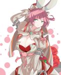  1girl absurdres ahoge animal_ears arm_behind_head arm_belt arm_up blush bow breasts cleavage closed_mouth elphelt_valentine eyebrows_visible_through_hair eyes_visible_through_hair fake_animal_ears flower green_eyes guilty_gear guilty_gear_xrd highres itsher_momo pink_bow puffy_sleeves red_flower red_rose rose short_hair signature smile solo spikes tiara 