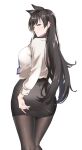  1girl animal_ears atago_(azur_lane) azur_lane bangs black_hair black_legwear black_skirt blush closed_mouth highres ichinose_(ichinose1592) long_hair long_sleeves looking_at_viewer looking_back office_lady pantyhose pencil_skirt shirt shirt_tucked_in simple_background skirt solo white_background white_shirt yellow_eyes 