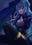  .live 1girl blue_eyes blue_hair breasts cleavage collarbone crazy_eyes curtains dark empty_eyes gloves hair_between_eyes highres jacket long_hair night open_mouth rikumu solo v_su_tofu virtual_youtuber window 