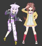  2girls 3d :3 animal_ears animal_hands animated black_hoodie breasts cat_ears cat_paws chained_tan cropped_hoodie dog_ears dog_girl dog_tail dress english_commentary hololive hood hoodie inugami_korone looking_to_the_side low_poly medium_breasts multiple_girls navel nekomata_okayu pants purple_eyes purple_hair salute short_hair smile sweater tail video virtual_youtuber white_dress white_pants yellow_sweater 