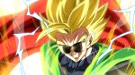  1boy angry aura black_bodysuit blue_hair bodysuit cape clenched_teeth dragon_ball dragon_ball_z electricity furious great_saiyaman male_focus red_cape rom_(20) solo son_gohan spiked_hair sunglasses super_saiyan super_saiyan_2 teeth upper_body 