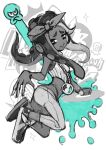  1girl bandana full_body greyscale h@ruichi ink jewelry long_hair looking_at_viewer marina_(splatoon) monochrome necklace octopus pants shoes smile solo splatoon_(series) splatoon_2 tentacle_hair tentacles white_background white_pants 