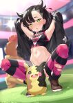  1girl absurdres armpits arms_behind_head asymmetrical_bangs bangs black_choker black_hair black_jacket breasts brown_footwear choker commentary_request earrings gen_5_pokemon gen_8_pokemon grass green_eyes hair_ribbon highres jacket jewelry light marnie_(pokemon) midriff morpeko morpeko_(full) navel no_panties pokemon pokemon_(creature) pokemon_(game) pokemon_swsh red_ribbon ribbon scrafty shirt shoes sleeveless sleeveless_shirt spread_legs squatting stadium striped striped_legwear thighhighs torn_clothes torn_legwear yoshika_(music480069) 