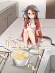  1girl animal_ears bow brown_hair cooking_oil counter ear_covers ears_down fallen_down food hair_bow horse_ears horse_girl horse_tail jacket kakuteru_sudachi king_halo_(umamusume) knees_together_feet_apart knees_up long_hair pot red_eyes sitting solo stove tail tearing_up tempura tile_floor tiles track_jacket trembling umamusume 