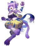  1girl absurdres animal_ears bandages breasts cat_ears cat_tail claws cosplay crop_top fang_necklace fangs furry furry_female hat highres hololive kevin_(seiken_densetsu_3) kevin_(seiken_densetsu_3)_(cosplay) large_breasts navel nekomata_okayu puffy_pants purple_eyes purple_hair sash seiken_densetsu seiken_densetsu_3 sleeveless sleeveless_jacket tail tomoyohi virtual_youtuber white_background 