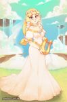  1girl aqua_eyes bangs blonde_hair blunt_bangs blush breasts bridal_veil bride cloud commentary day dress english_commentary floating_island full_body grass highres long_dress long_hair looking_at_viewer lyre medium_breasts outdoors patreon_username pointy_ears princess_zelda puffy_short_sleeves puffy_sleeves rtil short_sleeves smile solo the_legend_of_zelda the_legend_of_zelda:_skyward_sword veil wedding_dress 