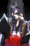  1girl august_von_parseval_(azur_lane) azitama_atsushi_(attyuu) azur_lane bare_shoulders between_breasts black_legwear blurry blurry_foreground breasts cleavage cross dress feet_up full_body gloves hair_over_one_eye high_heels horns legs_up long_hair multicolored_hair navel open_mouth pantyhose signature sitting solo spread_legs strapless strapless_dress streaked_hair thighhighs white_gloves 