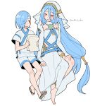  1boy 1girl anklet asymmetrical_legwear azura_(fire_emblem) bare_shoulders barefoot blue_hair breasts clothing_cutout detached_collar detached_sleeves do_m_kaeru dress eyebrows_visible_through_hair fire_emblem fire_emblem_fates hair_between_eyes hair_ornament hair_over_one_eye hair_tubes holding holding_paper japanese_clothes jewelry kimono long_hair looking_at_another medium_breasts mother_and_son open_mouth paper pendant sandals shigure_(fire_emblem) short_hair short_sleeves shorts simple_background sitting sleeveless sleeveless_dress smile strapless strapless_dress twitter_username uneven_legwear veil very_long_hair white_background white_dress white_kimono white_legwear white_shorts white_sleeves yellow_eyes younger 