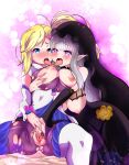  2girls asymmetrical_hair bangs bare_shoulders black_dress blonde_hair blue_eyes blush breast_grab breast_sucking breasts breasts_outside detached_sleeves dress elf fingering furrowed_brow grabbing groping hair_ornament heart heart_hair_ornament highres large_breasts long_hair minerva_(re:zero) multiple_girls nexus_avelon pantyhose parted_bangs pointy_ears ponytail purple_eyes pussy_juice re:zero_kara_hajimeru_isekai_seikatsu satella_(re:zero) self_breast_sucking side_ponytail sidelocks silver_hair sweat thighhighs tied_hair tongue tongue_out torn_clothes torn_legwear white_legwear yuri 