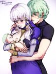  1boy 1girl baby blush breastfeeding byleth_(fire_emblem) byleth_(fire_emblem)_(male) fire_emblem fire_emblem:_three_houses green_eyes green_hair hair_between_eyes hug if_they_mated long_hair long_sleeves lysithea_von_ordelia mina_cream shirt short_hair short_sleeves smile white_background white_hair 