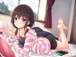  ass barefoot bed bike_shorts blush brown_hair game_console long_hair original purple_eyes shorts twintails utsurogi_akira 