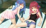  2girls :d all_fours ass bangs bare_arms bare_shoulders black_shirt blue_hair blue_shorts breasts bucket collarbone covered_nipples cutoffs denim denim_shorts dress fang furrowed_brow hair_bobbles hair_ornament kotonoha_akane kotonoha_aoi kurione_(zassou) long_hair multiple_girls navel one_side_up open_fly open_mouth panties pink_dress pink_hair plastic_bottle red_eyes shadow shirt short_dress shorts siblings sisters small_breasts smile straight_hair striped striped_panties tank_top underwear voiceroid 
