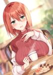  1girl :d blush breast_rest breasts cleavage cup earrings green_eyes highres holding holding_cup jacket jewelry kinona large_breasts looking_at_viewer open_mouth original red_hair ribbed_sweater school_nurse smile solo sweater teacher 