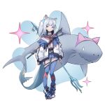  1girl absurdres alternate_costume animal_ear_fluff animal_ears bandaid bandaid_on_face bangs bloop_(gawr_gura) blue_eyes blue_hair blue_legwear blue_skirt blush blush_stickers breasts cat_ears closed_mouth einheadt english_commentary fake_animal_ears fang fins gawr_gura gills gun highres holding holding_polearm holding_weapon hololive hololive_english hood hoodie jacket long_sleeves looking_at_viewer medium_breasts medium_hair miniskirt multicolored_hair pleated_skirt polearm red_neckwear red_ribbon ribbon school_uniform serafuku shark sharp_teeth shirt shoes silver_hair simple_background skin_fang skirt smile sneakers solo sparkle standing strap teeth thighhighs trident two-tone_hair virtual_youtuber weapon weapon_on_back white_background white_jacket white_shirt 