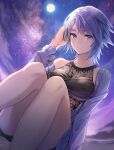  1girl adjusting_hair aqua_(kingdom_hearts) beach black_swimsuit blue_eyes blue_hair cardigan gogo_(detteiu_de) highres kingdom_hearts kingdom_hearts_birth_by_sleep moon night night_sky short_hair sitting sky smile solo swimsuit 