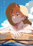  1boy bangs blue_sky brown_eyes cloud haikyuu!! hat hieroglyphics hinata_shouyou innertube looking_away male_focus mikuwwwm orange_hair outdoors short_hair sky solo straw_hat twitter_username upper_body wading water 